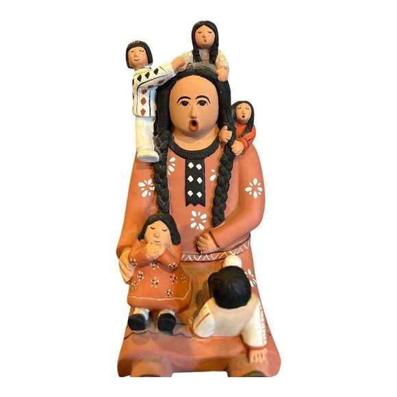 Story Teller Pueblo folk art clay figurine w 5 children 6" tall unsigned, tag - Picture 2 of 10